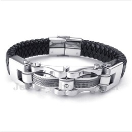 Men's Titanium Cable Diamond Leather Bracelet