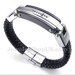 Men's Titanium Black Crystal Cross Leather Bracelet