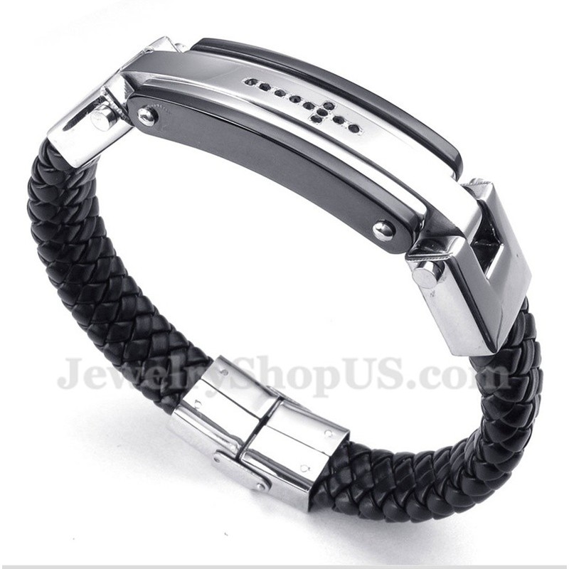 Men's Titanium Black Crystal Cross Leather Bracelet