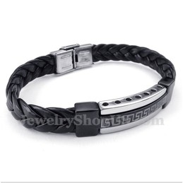 Men's Titanium Greek Meander Pattern Leather Bracelet