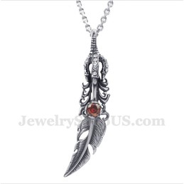 Men's Titanium Red Crystal Feather Pendant with Free Chain