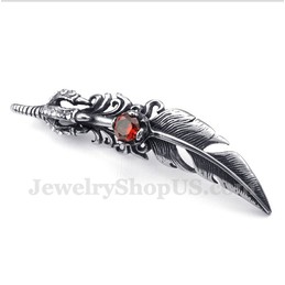 Men's Titanium Red Crystal Feather Pendant with Free Chain