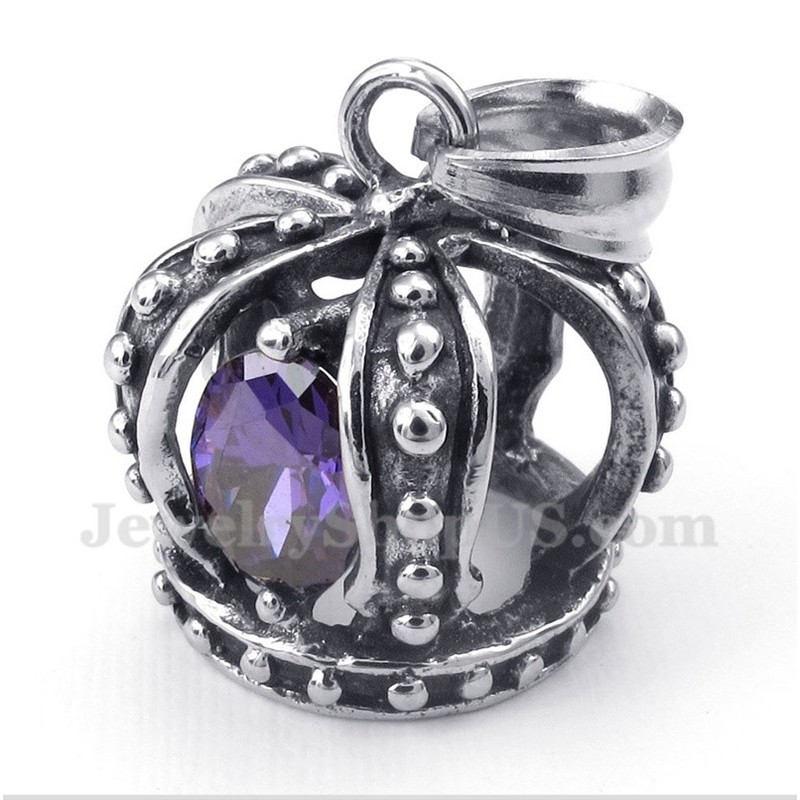 Men's Titanium Purple Crystal Crown Pendant with Free Chain
