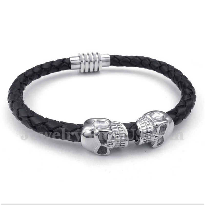 Men's Skull Leather Titanium Bracelet