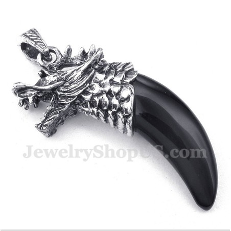Men's Titanium Black Onyx Wolf Head Horns Pendant with Free Chain
