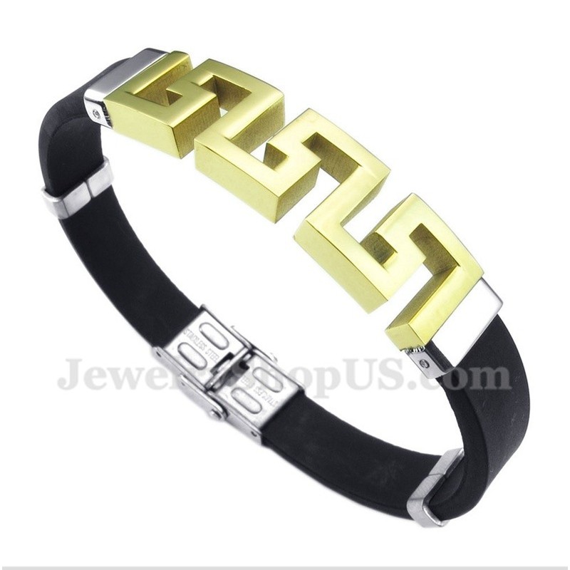 Men's Titanium Rubber Gold Greek Meander Pattern Bracelet