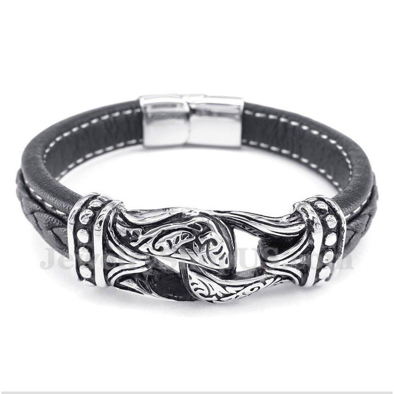 Men's Black Titanium Leather Bracelet