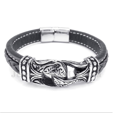Men's Black Titanium Leather Bracelet
