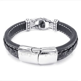 Men's Black Titanium Leather Bracelet