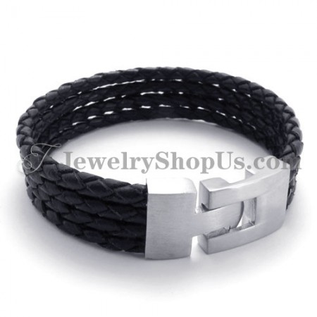 Elegant Black Leather and Titanium Bracelet