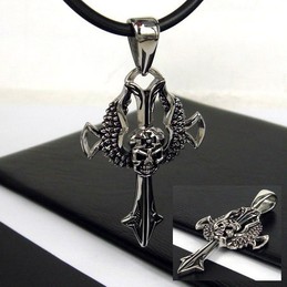 Cool Man Skull Cross Titanium Steel Necklace Free Chain