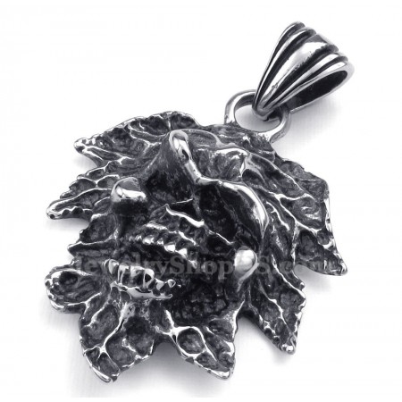 Tree Leaf Titanium Skull Pendant Necklace (Free Chain)