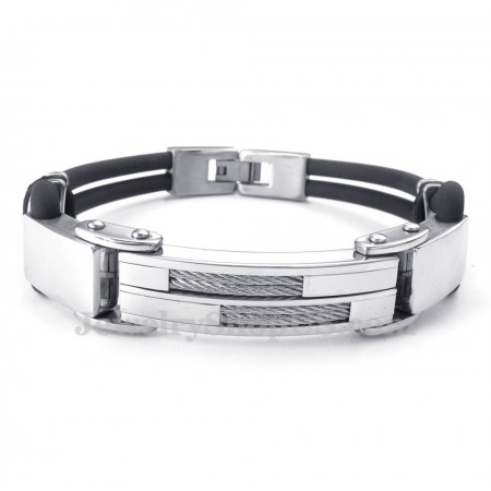 Silver Black Titanium Bangles with Wire Leather
