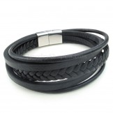 Cheap Hand Woven Black Color Titanium Buckle Leather Bracelets
